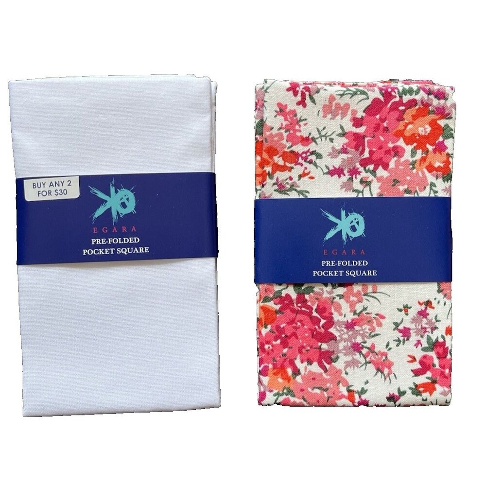 2-Pack, EGARA OK Pre-Folded Pocket Squares White & Pink Floral & Solid White